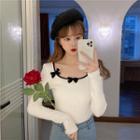 Long-sleeve Bow-accent Scoop-neck Knit Top