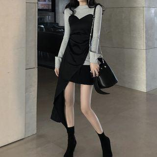 Mock Two-piece Asymmetric Long-sleeve Mini Dress
