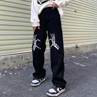 Skeleton Print Loose Fit Jeans