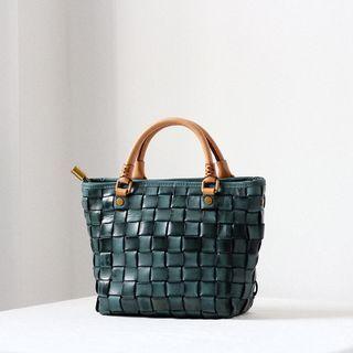 Genuine Leather Woven Handbag Bluish Green - One Size