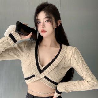 V-neck Cropped Sweater Almond - One Size