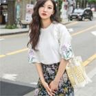Flower-embroidered Elbow-sleeve T-shirt