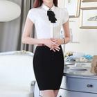 Set: Short-sleeve Tie Neck Shirt + Skirt