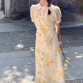 Set: Puff-sleeve Plain Shirt + Floral Midi Overall Dress