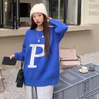 Round-neck Lettering Oversize Sweater Blue - One Size