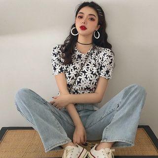 Flower Print Cropped Short-sleeve T-shirt / High Waist Wide-leg Jeans