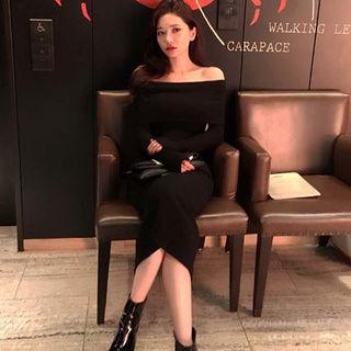 Off-shoulder Rib-knit Long Bodycon Dress