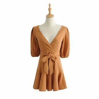 Tie-waist Puff-sleeve Mini A-line Dress