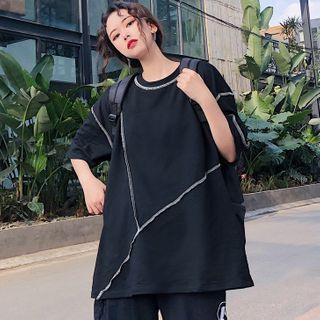 Elbow-sleeve Contrast Stitch T-shirt