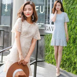 Bell-sleeve Short-sleeve Embroidered Crewneck Sheath Plain Lace Dress