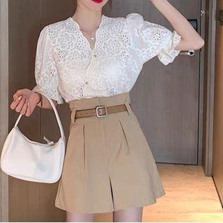 Set: Short-sleeve Eyelet Lace Blouse + Wide Leg Shorts