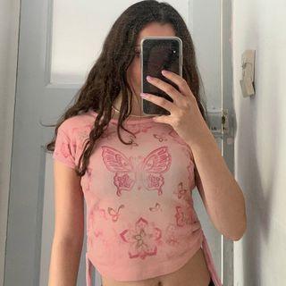 Short Sleeve Side-drawstring Butterfly Print Crop Top