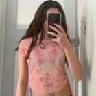 Short Sleeve Side-drawstring Butterfly Print Crop Top