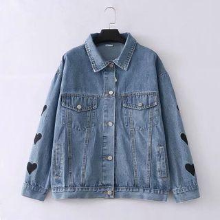 Heart Embroidered Washed Denim Jacket Blue - One Size