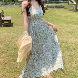 Plain Long Sleeve Shirt With Front Pocket/ Floral Strappy Dress