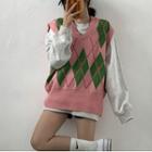 Argyle Print Knit Vest Pink - One Size