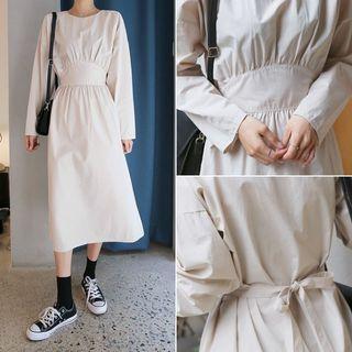Shirred-trim Tie-waist Long Dress