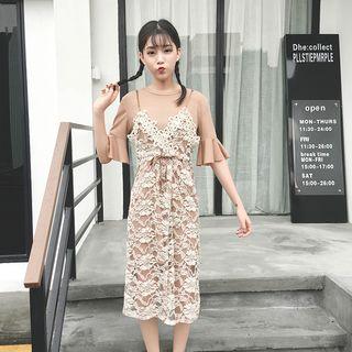 Set: Loose-fit Bell-sleeve Dress + Lace Slipdress