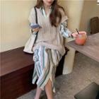 Cable-knit Vest / Striped Long-sleeve Mid Shirtdress