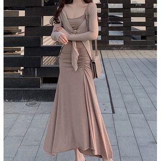 Lace Up Light Jacket / Spaghetti Strap Side-slit Maxi A-line Dress