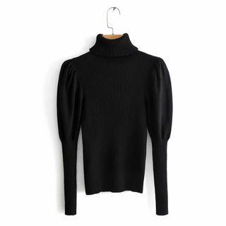Puff-sleeve Turtleneck Knit Top