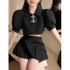 Puff-sleeve Collar Cropped T-shirt / Ruffle Mini A-line Skirt