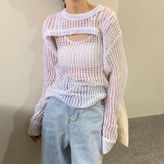 Set: Long-sleeve Knit Top + Strappy Knit Top Shawl - White 7 Vest - One Size