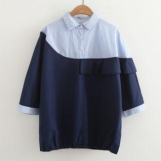 Striped Panel Ruffle Trim Elbow Sleeve Shirt