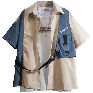 Mock Two-piece Short-sleeve Lettering Buckled Jacket