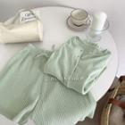 V-neck Plain Button-up Knit Top / High-waist Plain Knit Shorts Mint - One Size