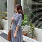 Band-waist Checked Long Flare Dress Dark Navy Blue - One Size