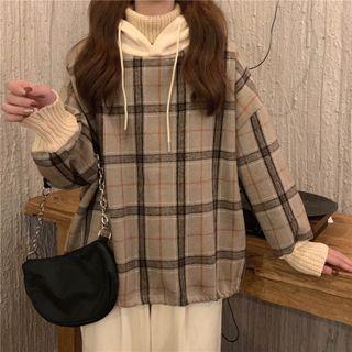 Oversized Plaid Long-sleeve Hoodie
