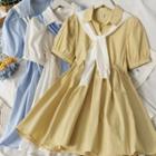 Set: Plain Puff-sleeve Midi Dress + Knit Shawl