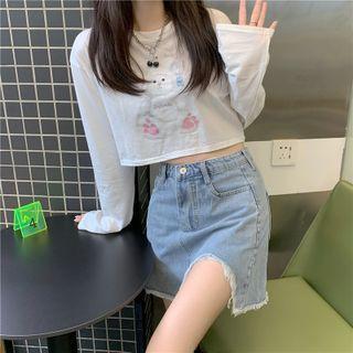 Long-sleeve Rabbit Print Cropped Top