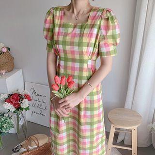 Square-neck Gingham Dress Pink - One Size