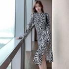 Long-sleeve Mock-neck Zebra Print Midi Dress