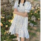 Puff-sleeve Cloud Print A-line Dress As Shown In Figure - One Size