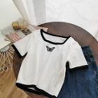 Butterfly Embroidered Short-sleeve Knit Top White - One Size