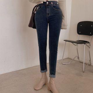 Belted Double-button Skinny Jeans