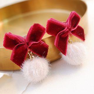 Pom Pom Earring 1 Pair - Silver Needle - Wine Red - One Size