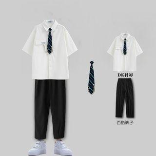 Short-sleeve Plain Shirt / Striped Tie / Tapered Cropped Pants / Set