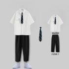 Short-sleeve Plain Shirt / Striped Tie / Tapered Cropped Pants / Set