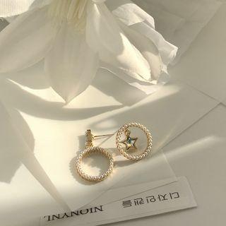 Non-matching Rhinestone Star Faux Pearl Hoop Earring