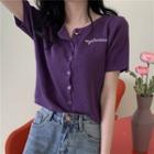 Short-sleeve Letter Embroidered Buttoned Knit Top