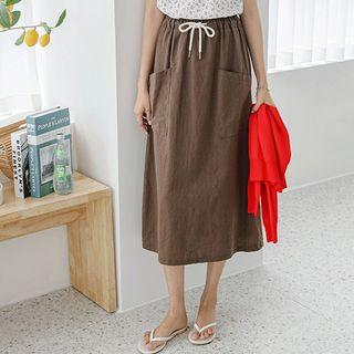 Patch-pocket Long Linen Skirt
