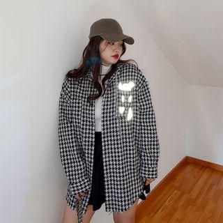 Houndstooth Print Bear Plush Shirt Jacket