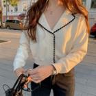V-neck Lcontrast-trim Blouse White - One Size