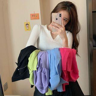 Long-sleeve Collared Ribbed Knit Top
