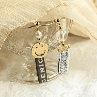 Non-matching Faux Pearl Alloy Smiley Lettering Dangle Earring Gold - One Size