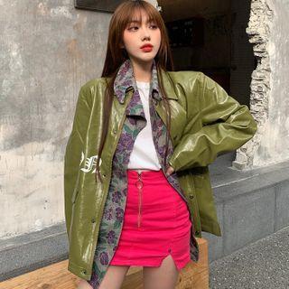 Lettering Zip Jacket / Flower Print Shirt / Mini Pencil Skirt